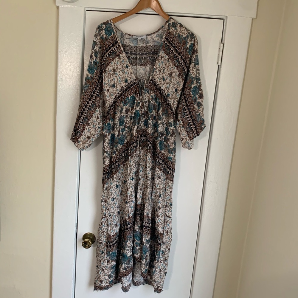 Olivaceous Cream and Teal Floral Midi Dress